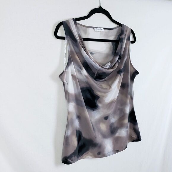 Calvin Klein Cowl Neck Top Womens L Brown Abstract Grunge Forest Fairy Y2K - Picture 3 of 11